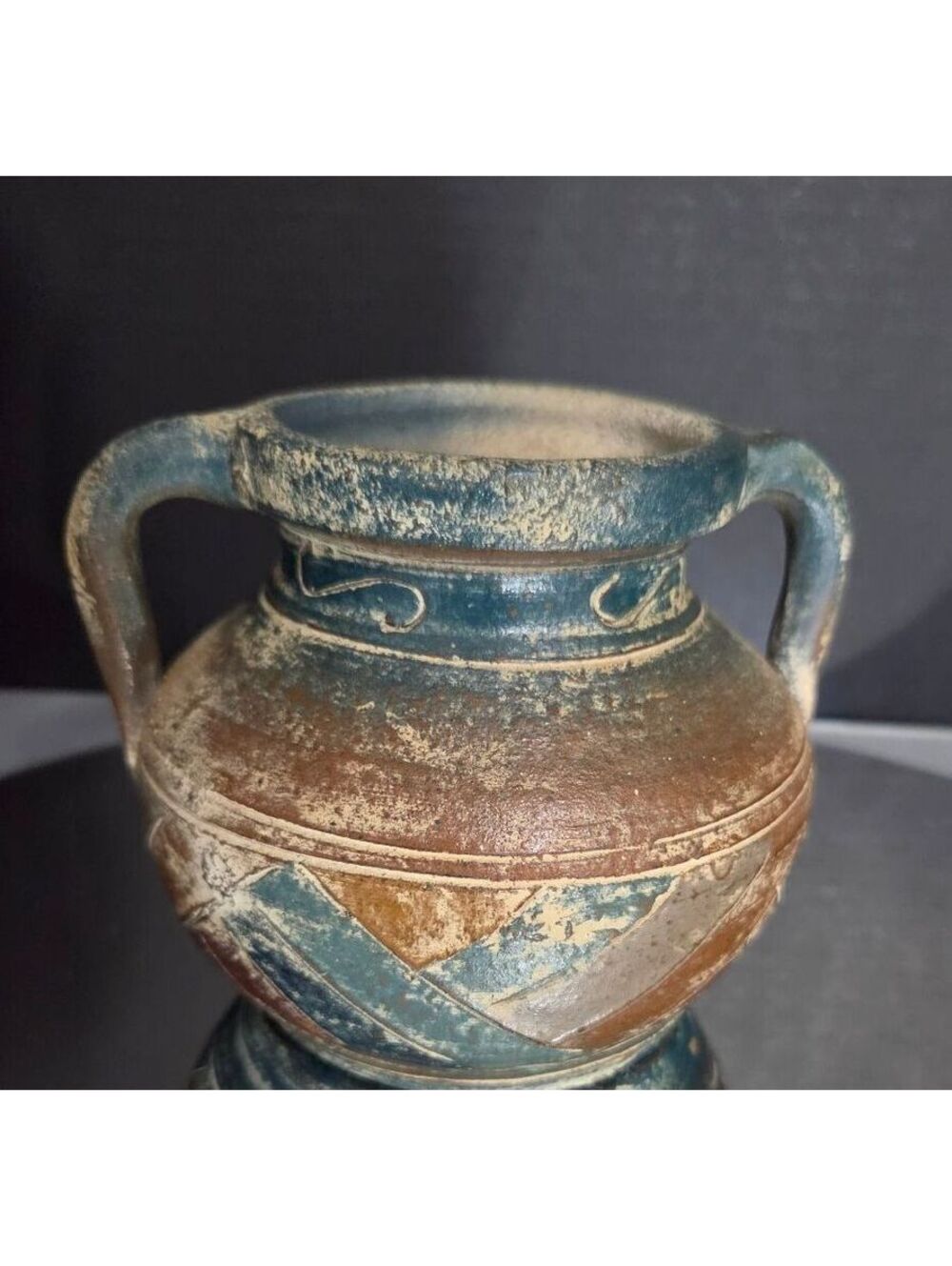 Mid-Century Southwest Pottery Vase with Dual Handles and Blue Earth Tone Accents